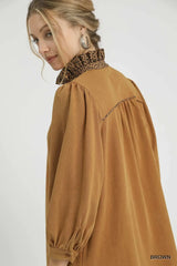 Umgee French Terry Balloon Sleeve Shift Dress with Leopard Print Detail - Trendsi - Flyclothing LLC