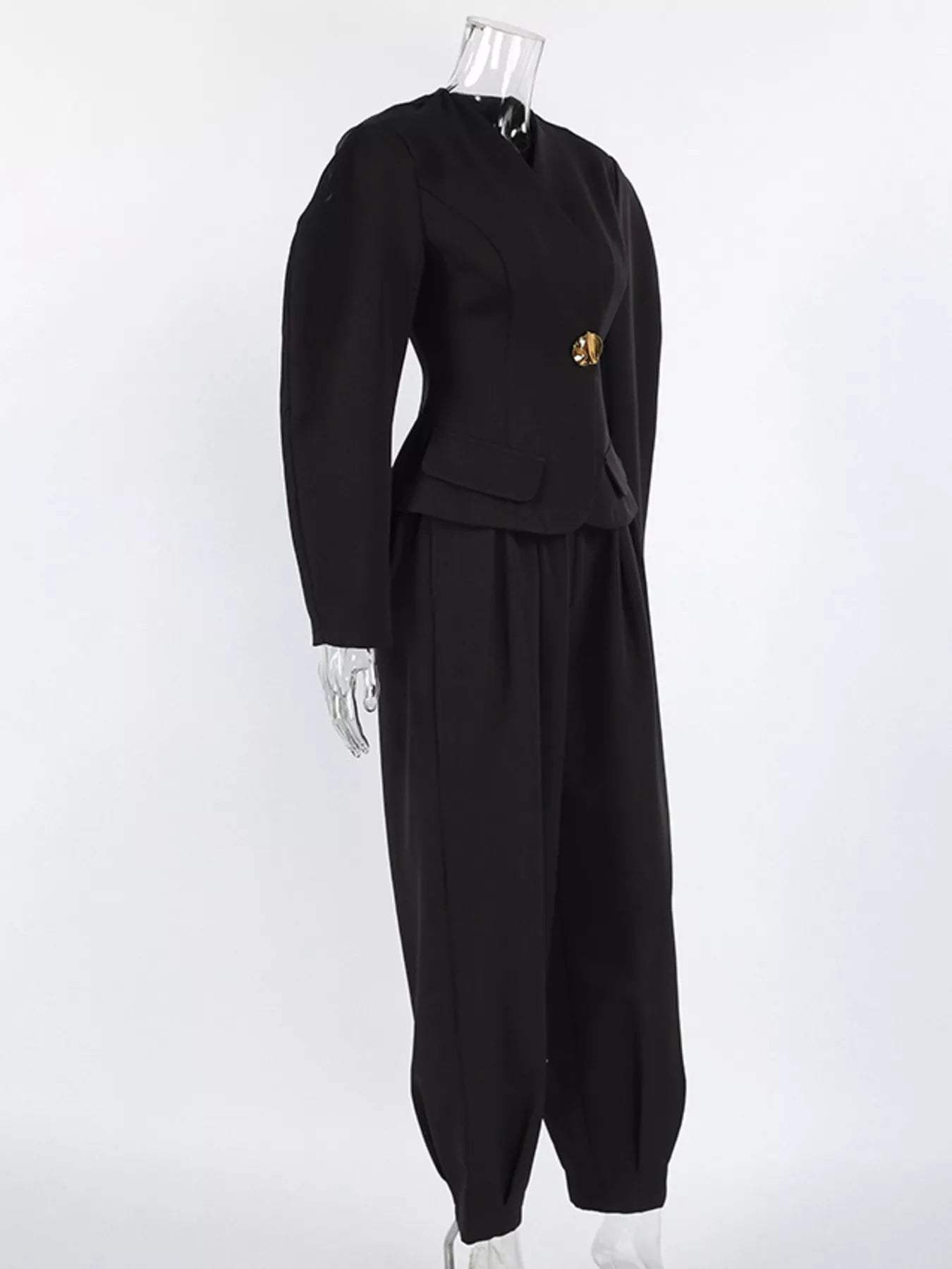 Puffy Sleeve Blazer and Wide-Leg Pants Set - Trendsi - Flyclothing LLC