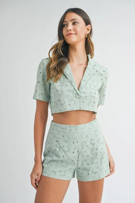 MABLE Eyelet Short Sleeve Crop Top and Shorts Set - Trendsi - Flyclothing LLC