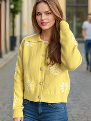 Pearl Trim Collared Neck Long Sleeve Cardigan - Trendsi