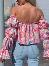 Printed Off-Shoulder Flounce Sleeve Blouse - Trendsi - Flyclothing LLC