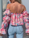 Printed Off-Shoulder Flounce Sleeve Blouse - Trendsi