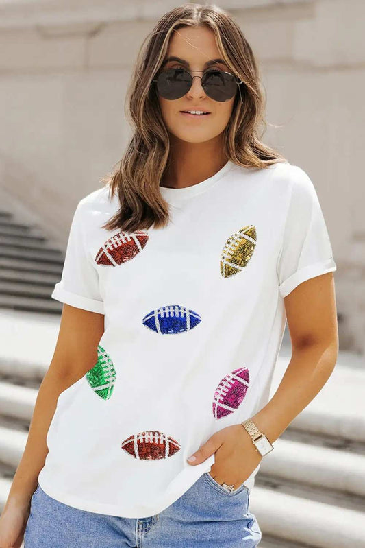 Sequin Football Round Neck Short Sleeve T-Shirt - Trendsi - Flyclothing LLC