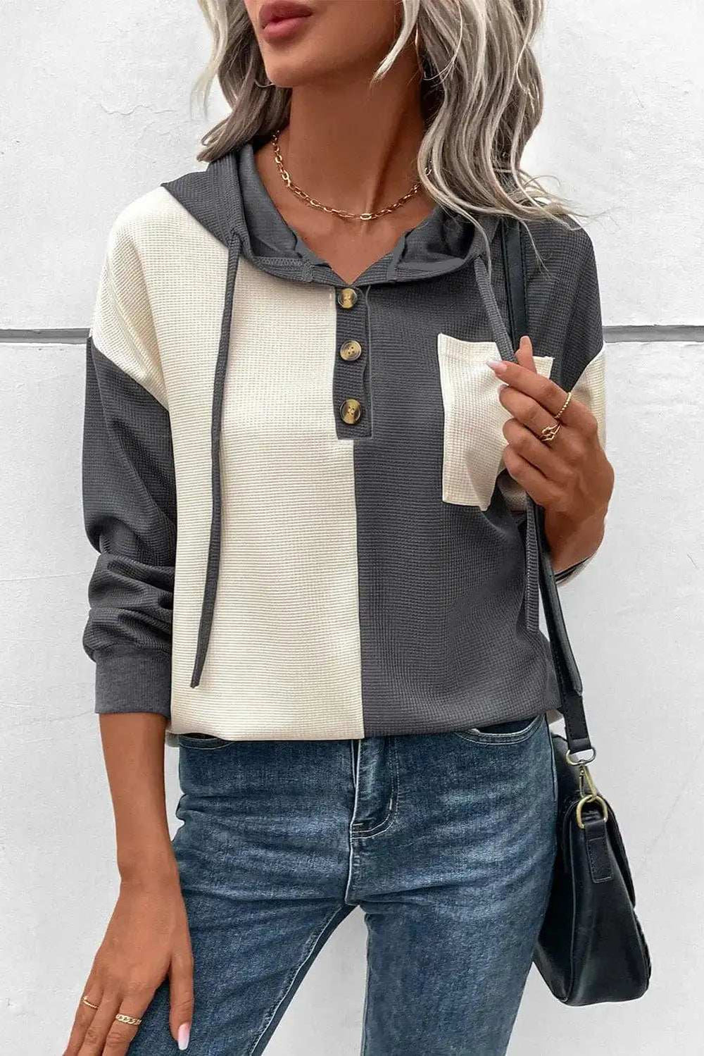 Drawstring Quarter Button Contrast Long Sleeve Hoodie - Trendsi - Flyclothing LLC