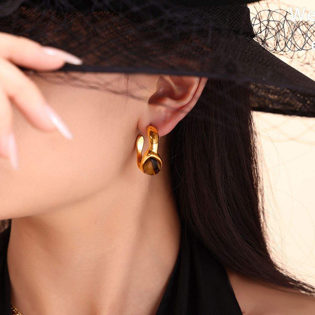 Stainless Steel Natural Tiger's Eye C-Hoop Earrings - Trendsi - Flyclothing LLC