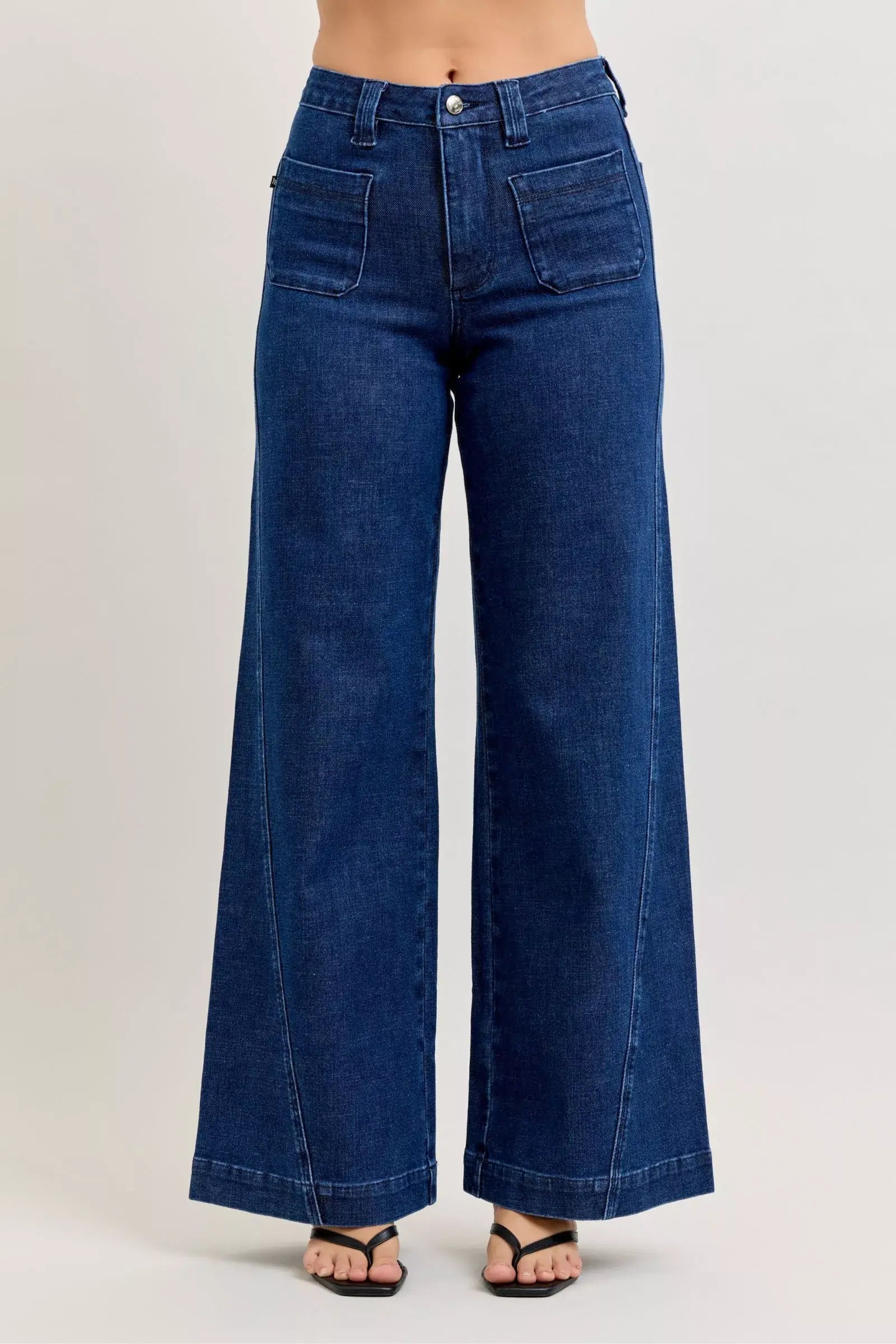 Judy Blue High-Waisted Retro Wide Jeans with Patch Pkts & Twisted Seams - Trendsi - Flyclothing LLC