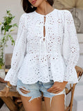 Devine Tie Front Flounce Sleeve Peplum Blouse - Trendsi - Flyclothing LLC