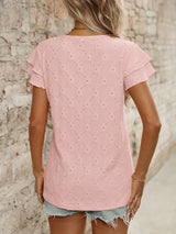 Eyelet Round Neck Double Layered Ruffled Short Sleeve Top - Trendsi - Flyclothing LLC