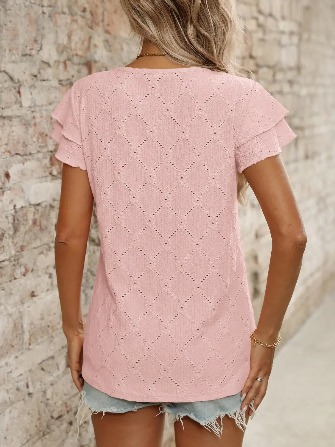 Eyelet Round Neck Double Layered Ruffled Short Sleeve Top - Trendsi - Flyclothing LLC