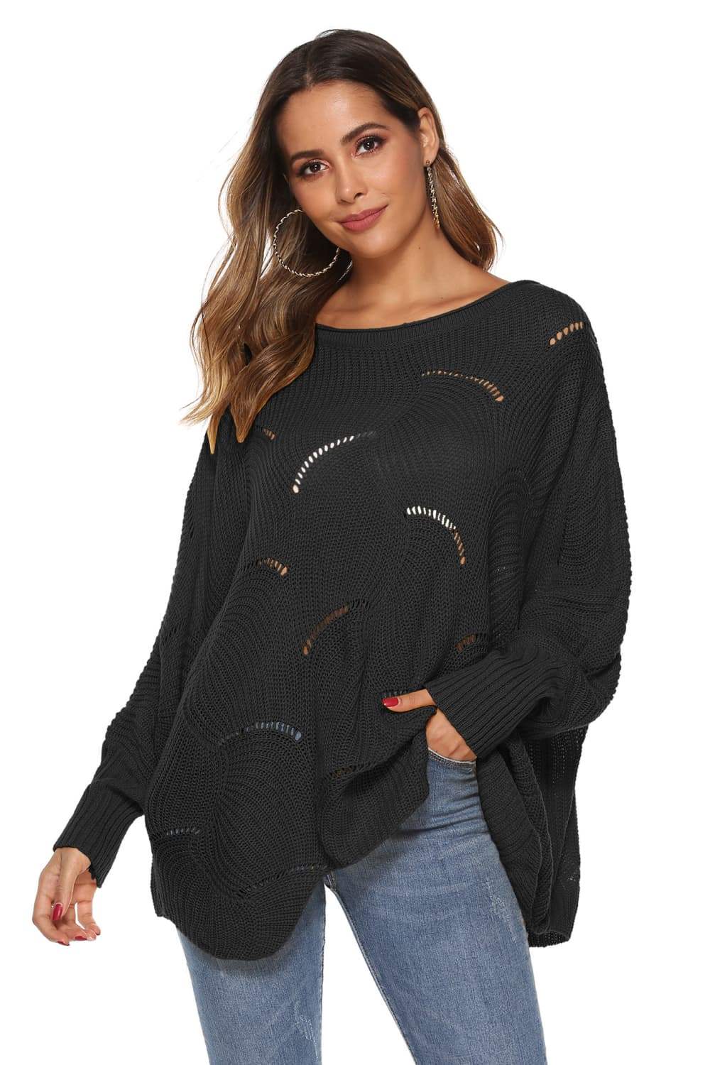 Round Neck Long Sleeve Openwork Sweater - Trendsi - Flyclothing LLC