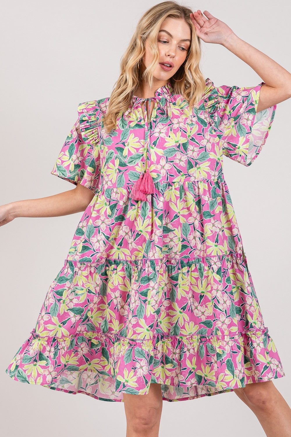 SAGE + FIG Floral Ruffle Short Sleeve Dress - Trendsi
