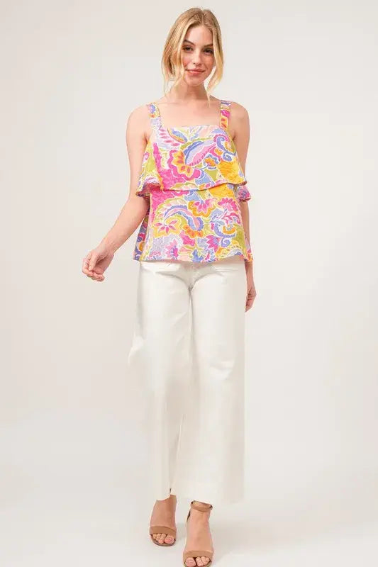 And The Why Square Neck Tiered Paisley Printed Top - Trendsi - Flyclothing LLC