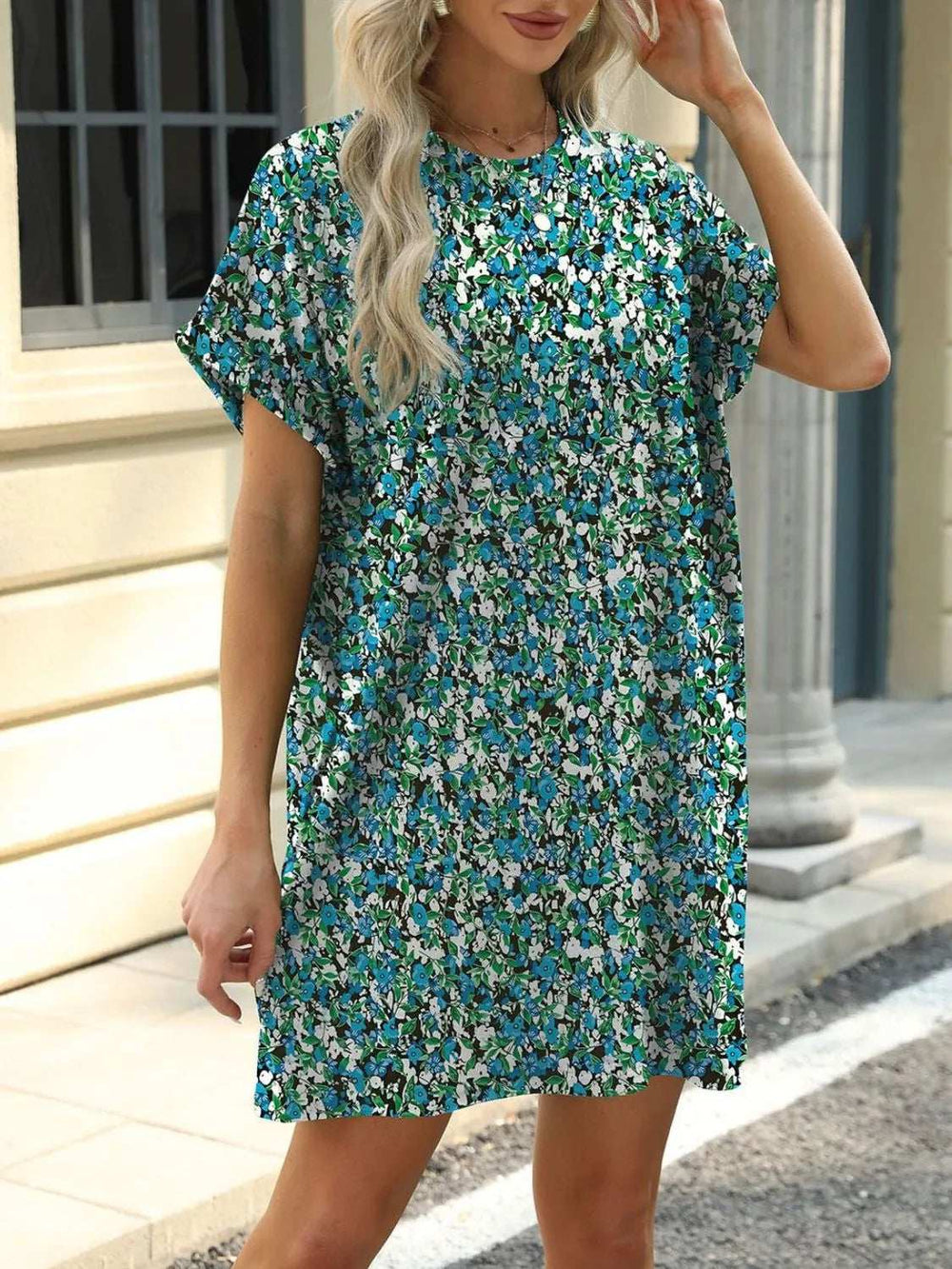 Printed Round Neck Short Sleeve Mini Dress - Trendsi - Flyclothing LLC