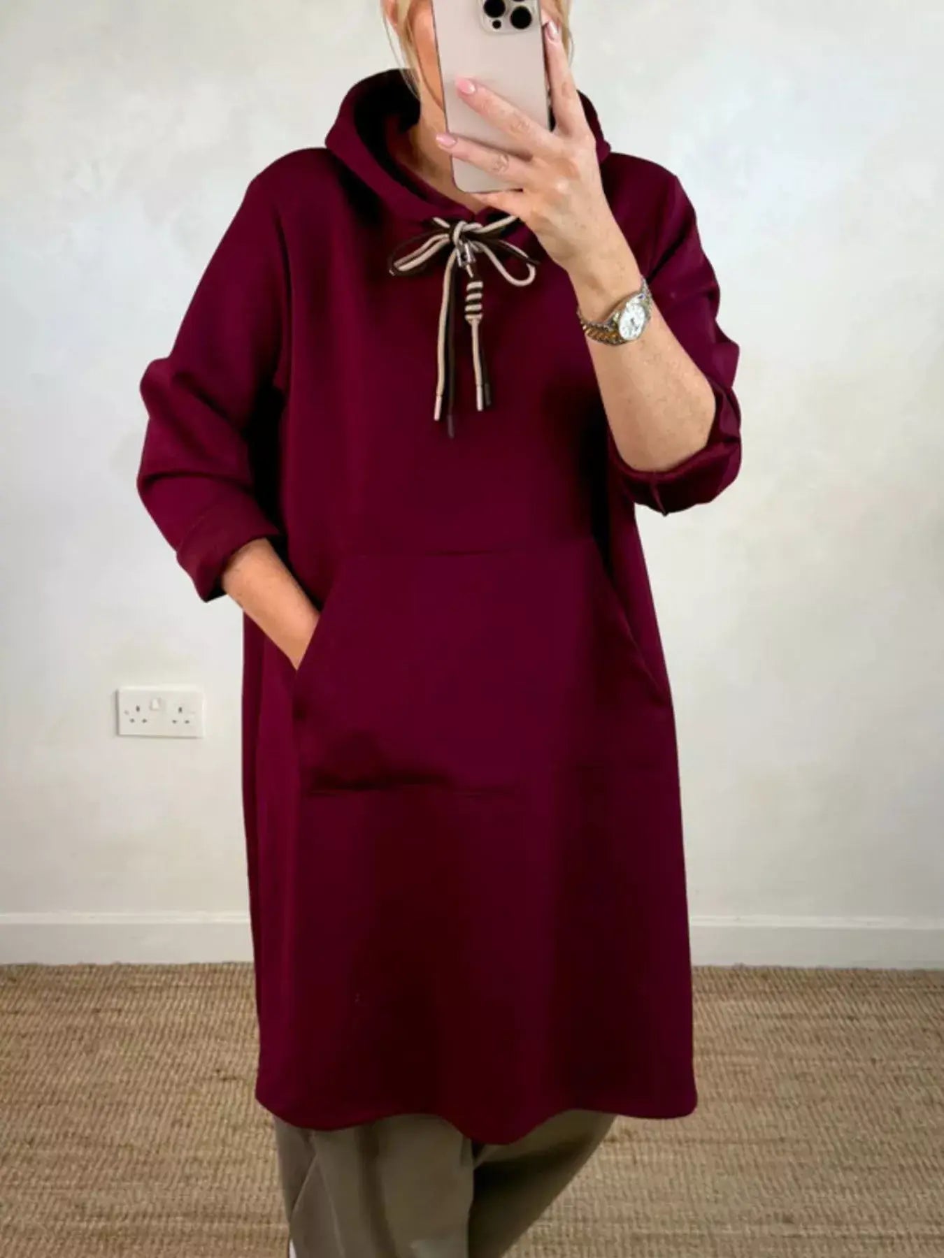 Full Size Casual Drawstring Hooded Sweatshirt Dress Plus Size - Trendsi - Flyclothing LLC