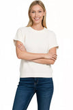 Zenana Round Neck Banded Botton Short Sleeve Sweater - Trendsi - Flyclothing LLC