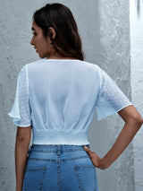 Short Sleeve Smocked Swiss Dot Blouse - Trendsi - Flyclothing LLC