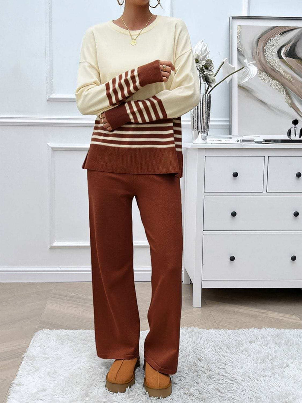 Devine Slit Striped Round Neck Top and Pants Sweater Set - Trendsi - Flyclothing LLC