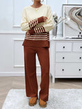 Devine Slit Striped Round Neck Top and Pants Sweater Set - Trendsi - Flyclothing LLC