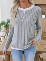 Ribbed Knit Long Sleeve Fake Two-Piece T-Shirt - Trendsi - Flyclothing LLC