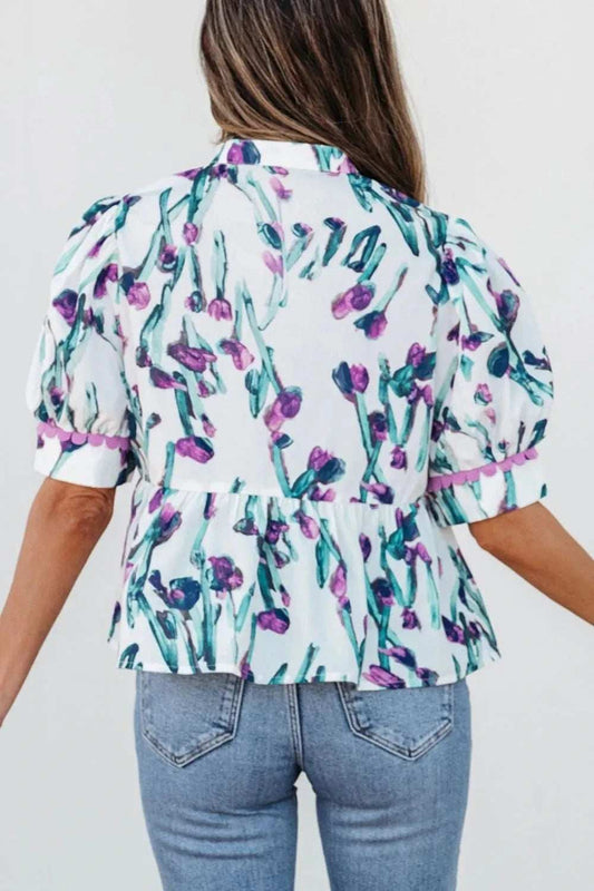 Floral Ricrac Trim Half Sleeve Peplum Top - Trendsi - Flyclothing LLC