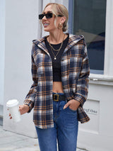 Plaid Button Up Long Sleeve Hooded Jacket - Trendsi - Flyclothing LLC