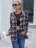 Plaid Button Up Long Sleeve Hooded Jacket - Trendsi