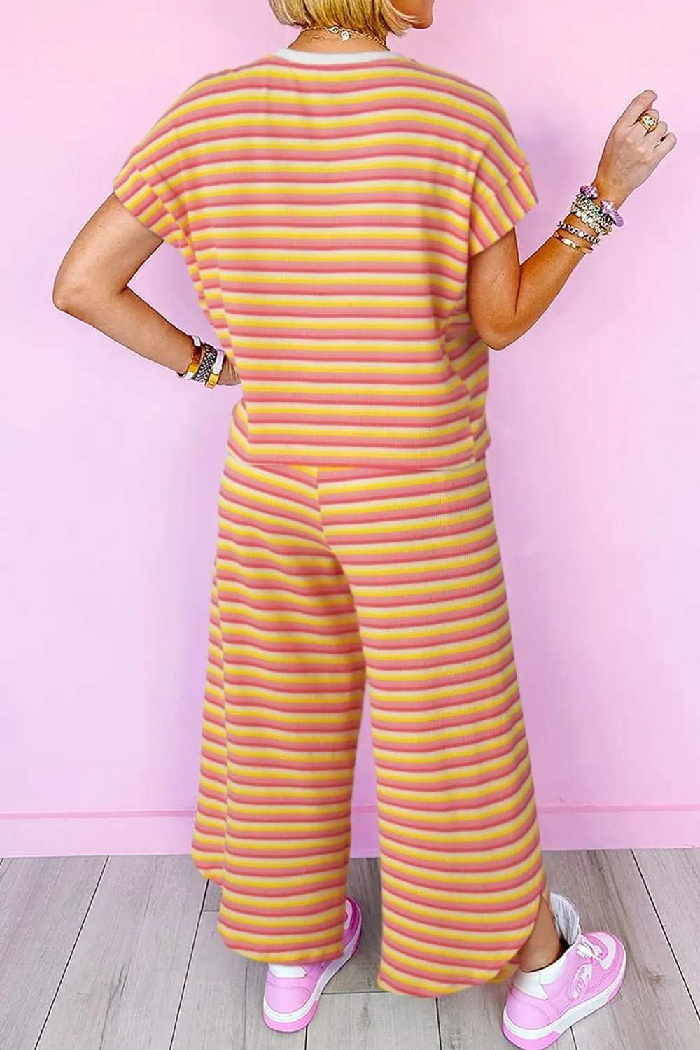 Striped Round Neck Short Sleeve Top and Pants Set - Trendsi - Flyclothing LLC