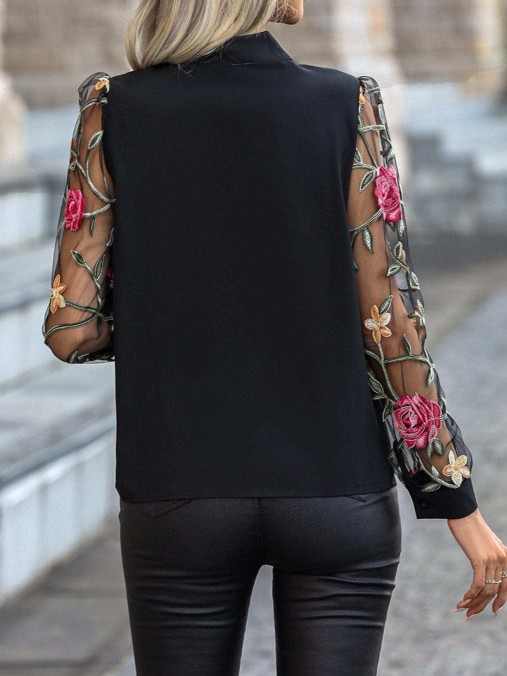 Printed Tie Neck Long Sleeve Blouse - Trendsi - Flyclothing LLC