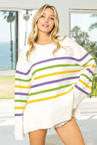 BiBi Ribbed Hem Mardi Gras Stripe Sweater - Trendsi - Flyclothing LLC