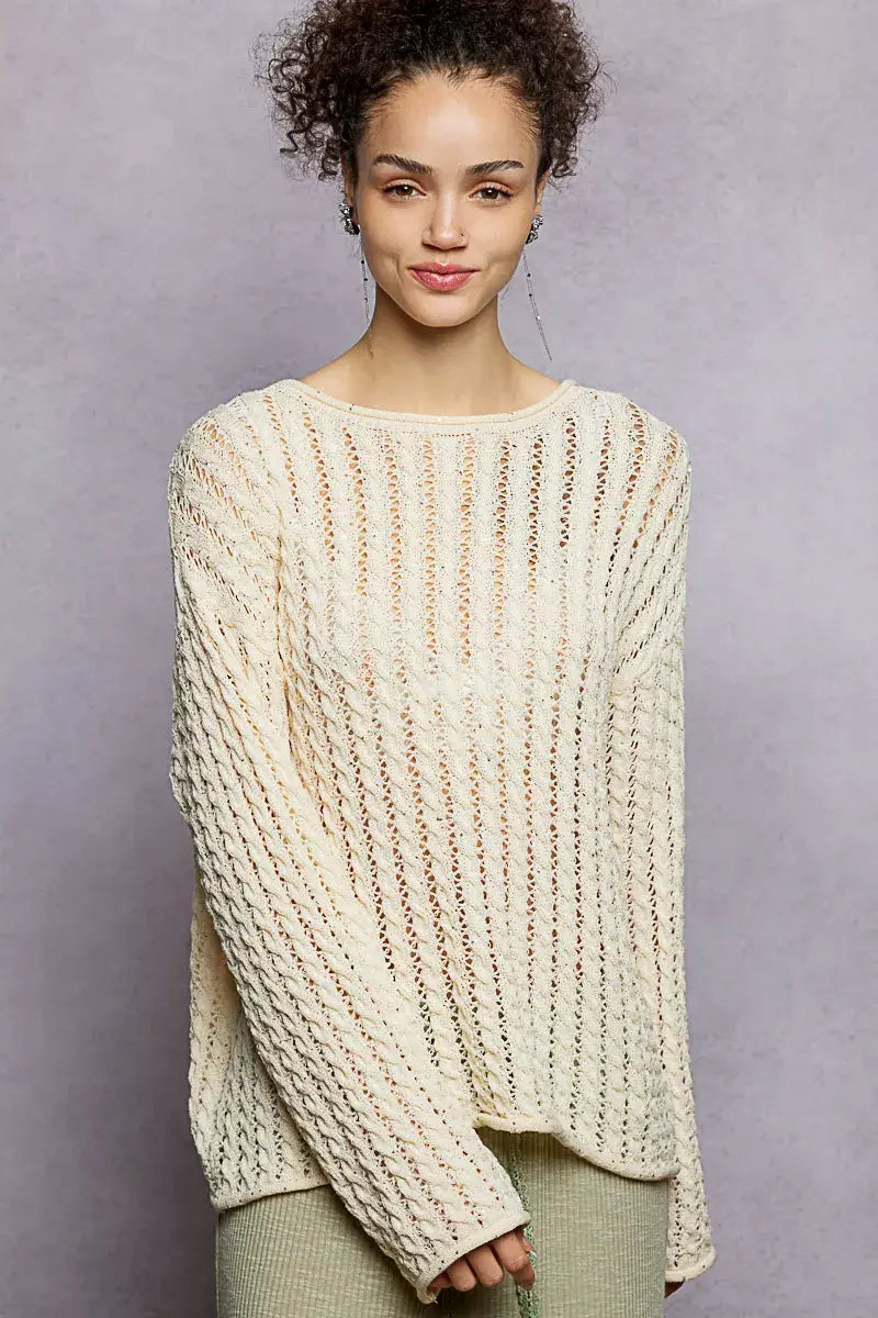 POL Openwork Round Neck Knit Top with Shiny Detail - Trendsi - Flyclothing LLC