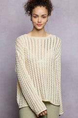 POL Openwork Round Neck Knit Top with Shiny Detail - Trendsi - Flyclothing LLC