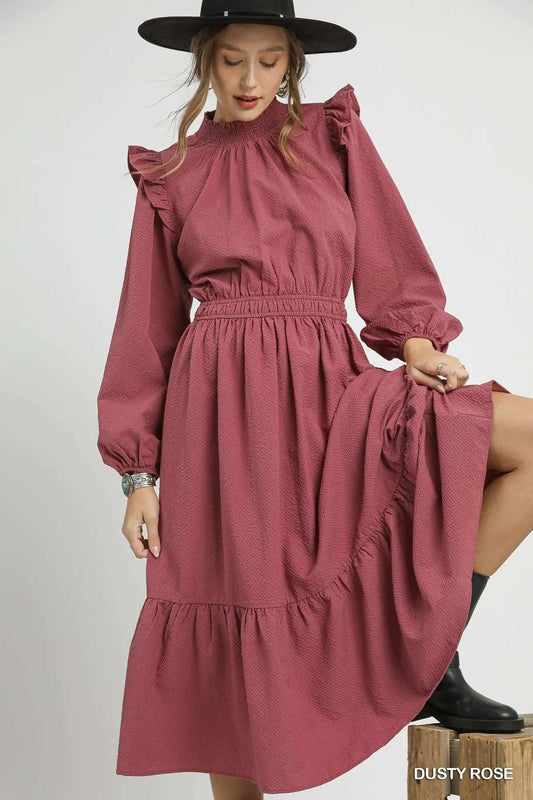 Umgee Textured Midi Dress with Ruffle Shoulder Detail - Trendsi - Flyclothing LLC