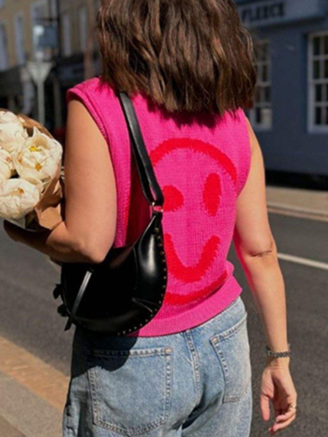 Smiley Round Neck Sweater Vest - Trendsi - Flyclothing LLC
