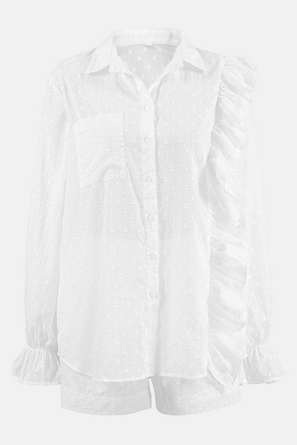 Ruffled Dot Applique Collared Neck Top and Shorts Set - Trendsi - Flyclothing LLC