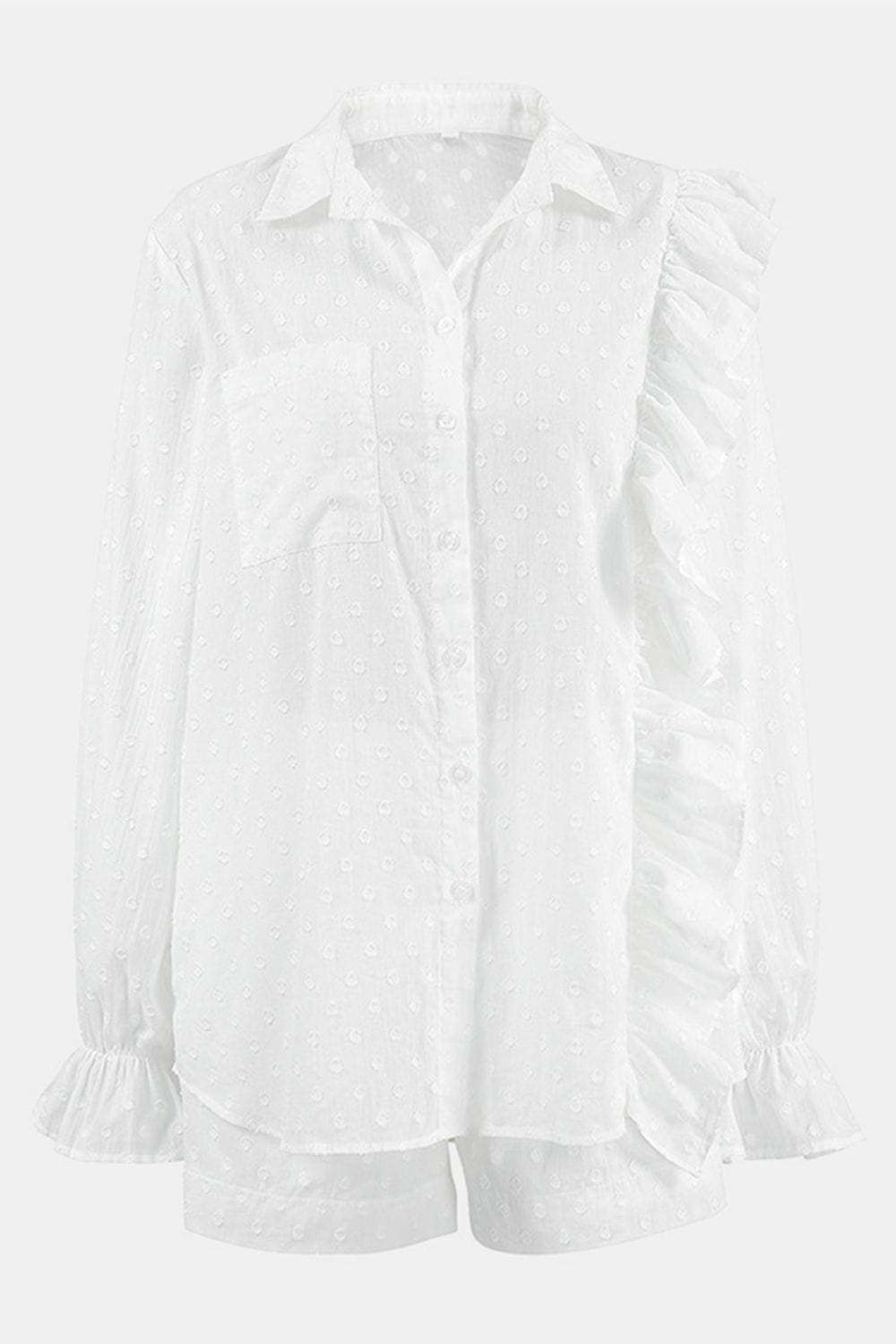 Ruffled Dot Applique Collared Neck Top and Shorts Set - Trendsi - Flyclothing LLC