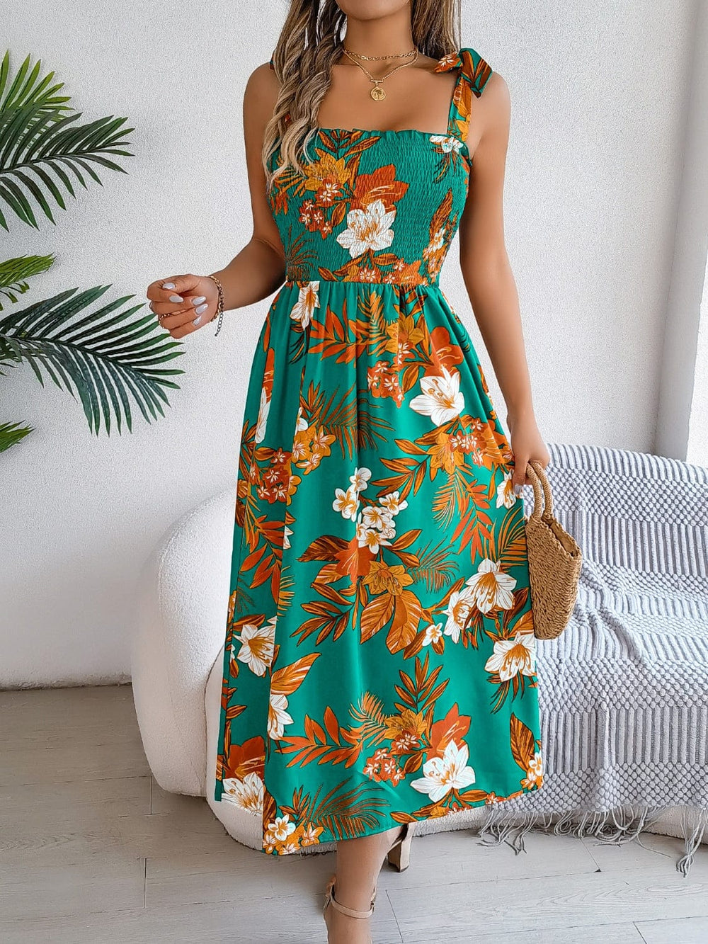 Smocked Floral Tie Shoulder Cami Dress - Trendsi