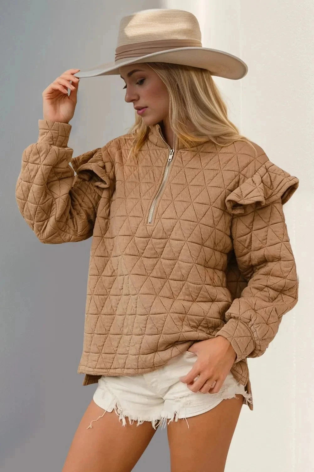 Double Take Ruffled Texture Half Zip Long Sleeve Sweatshirt - Trendsi