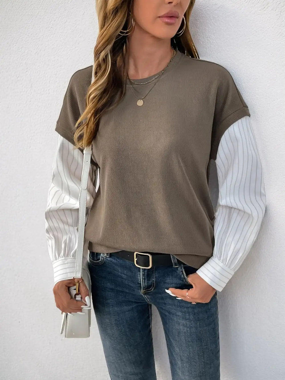 Perfee Round Neck Striped Sleeve Sweatshirt - Trendsi