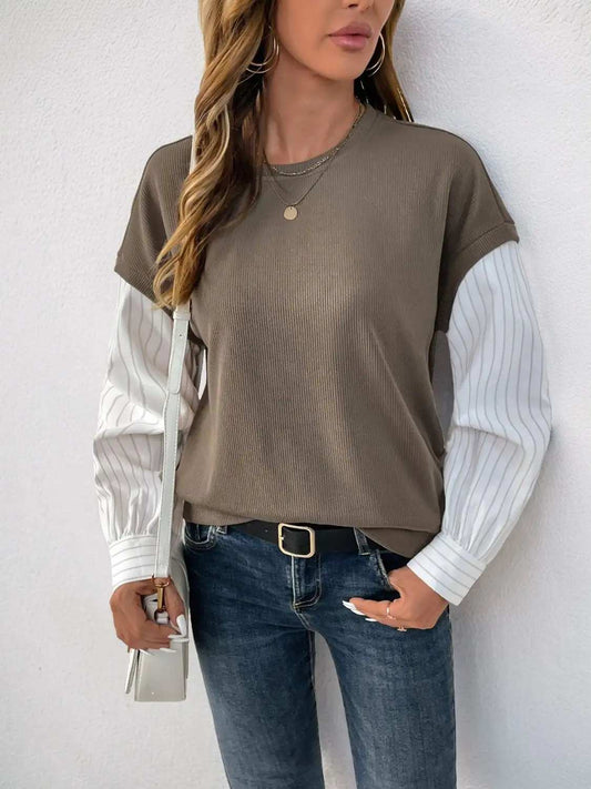 Perfee Round Neck Striped Sleeve Sweatshirt - Trendsi - Flyclothing LLC