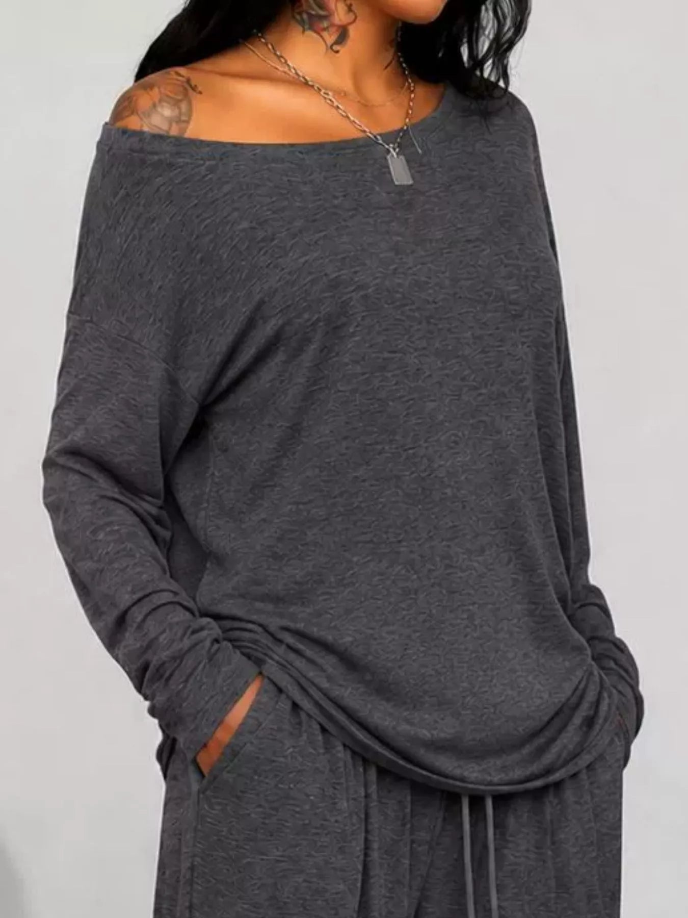 Full Size Comfortable Loose Fit One-Shoulder T-Shirt and Pants Set Plus Size - Trendsi - Flyclothing LLC