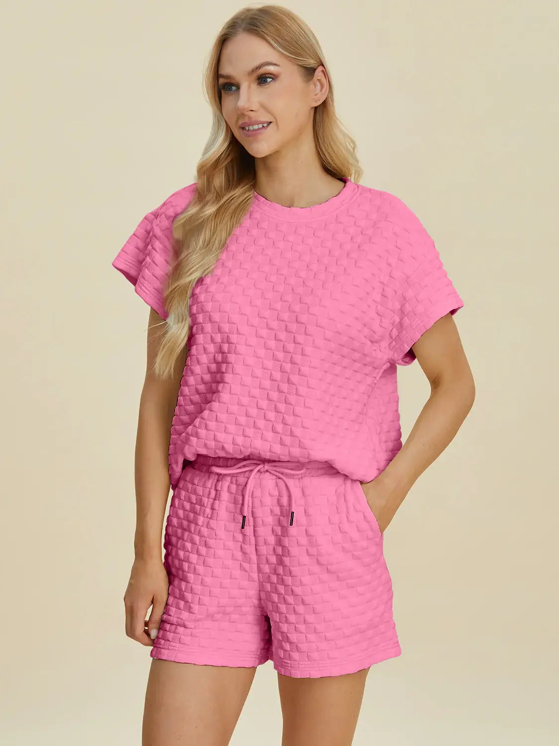 Double Take Full Size Texture T-Shirt and Shorts Set - Trendsi - Flyclothing LLC