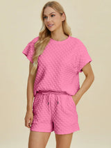 Double Take Full Size Texture T-Shirt and Shorts Set - Trendsi - Flyclothing LLC