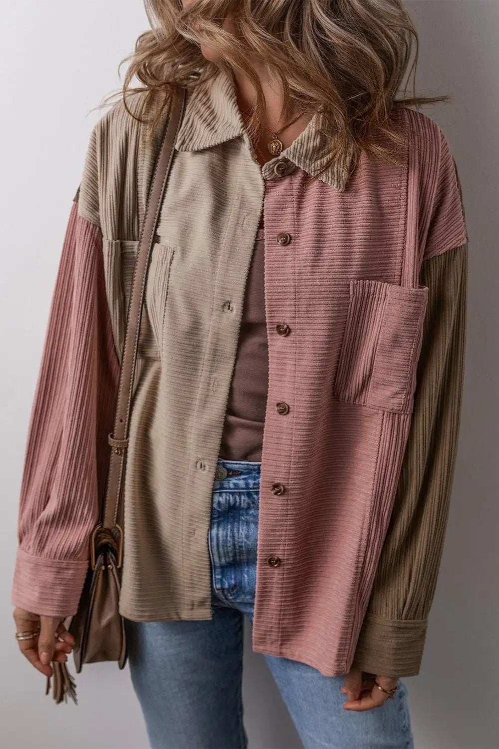 Button Up Color Block Long Sleeve Shacket - Trendsi - Flyclothing LLC