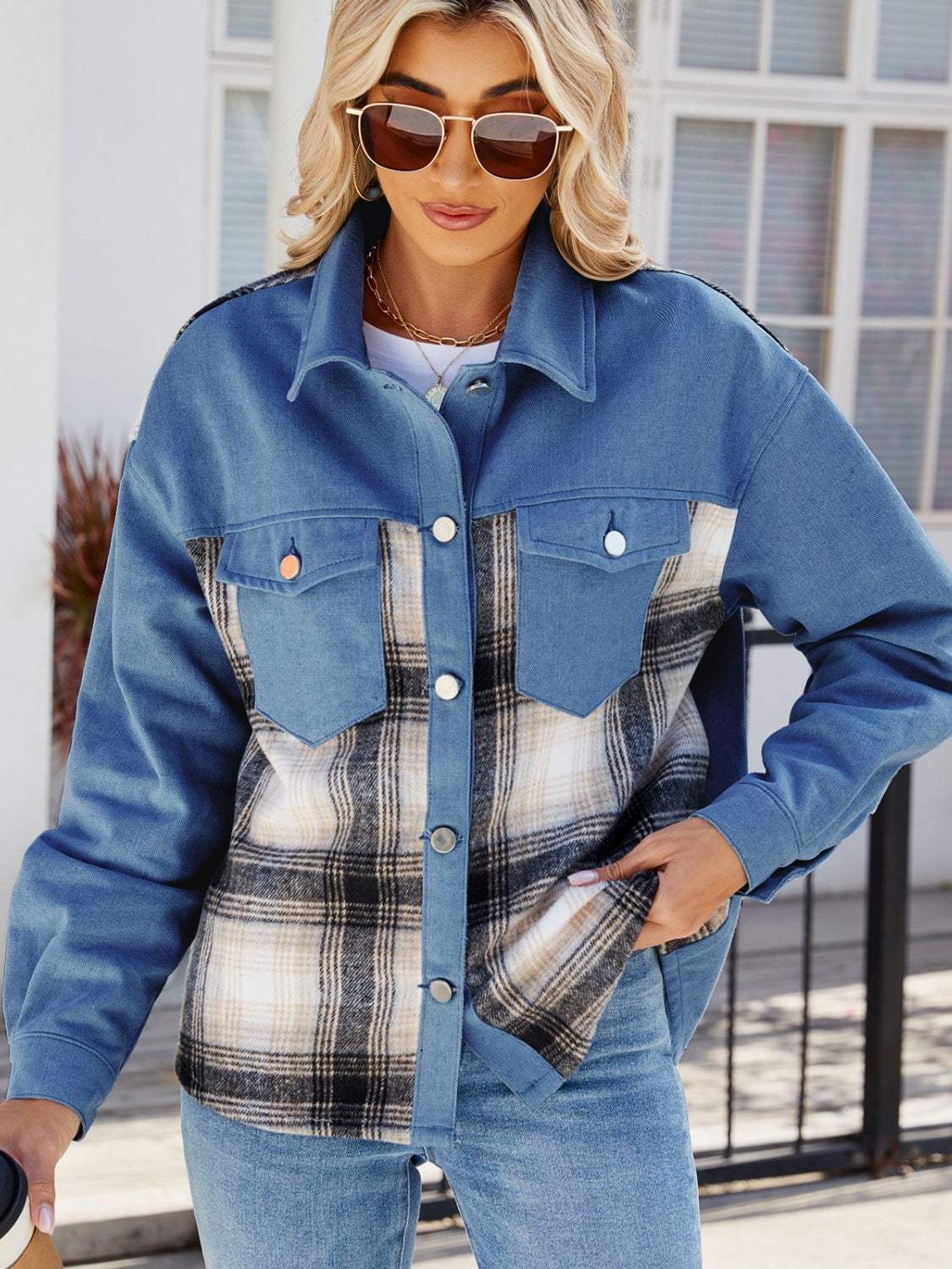 Plaid Button Up Long Sleeve Denim Jacket - Trendsi - Flyclothing LLC