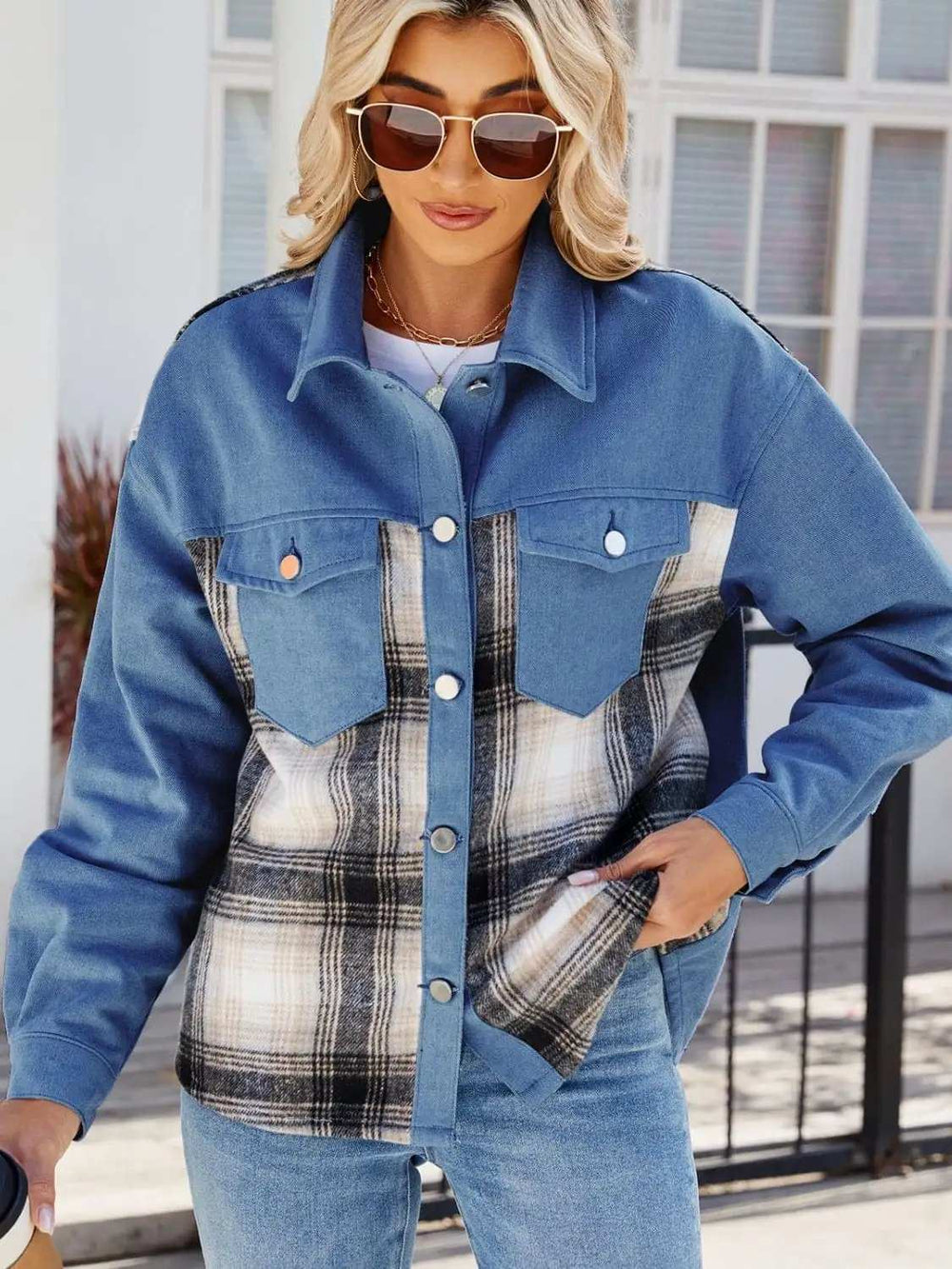 Plaid Button Up Long Sleeve Denim Jacket - Trendsi - Flyclothing LLC