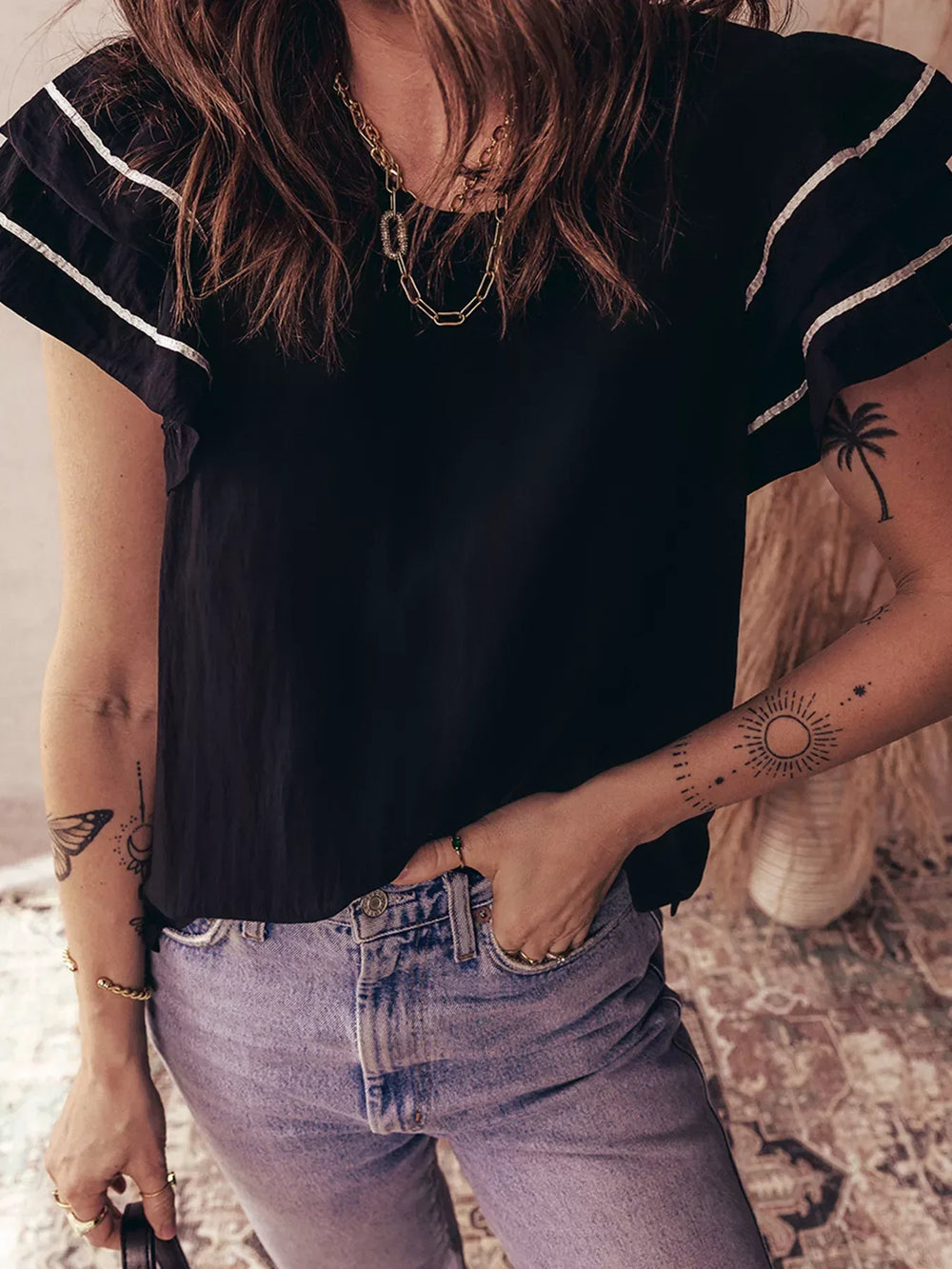 Contrast Trim Dual Ruffle Short Sleeve Textured Blouse - Trendsi - Flyclothing LLC