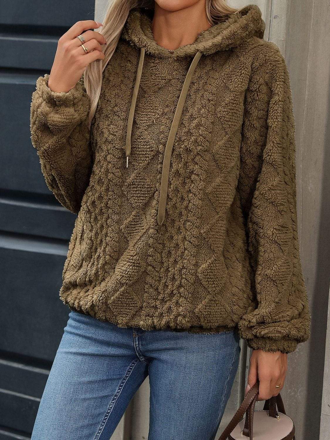 Drawstring Long Sleeve Plush Hoodie - Trendsi - Flyclothing LLC