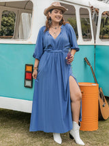 Plus Size Ruched Slit Three-Quarter Sleeve Midi Dress - Trendsi - Flyclothing LLC
