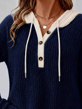 Full Size Drawstring Button Detail Hooded Sweater Plus Size - Trendsi - Flyclothing LLC