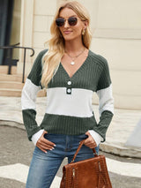 Color Block V-Neck Long Sleeve T-Shirt - Trendsi - Flyclothing LLC